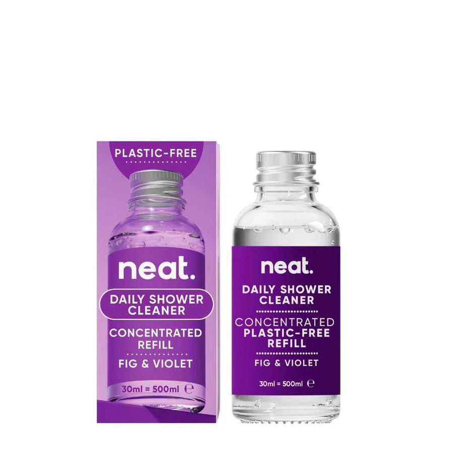 Neat Daily Shower Cleaner Refill Fig + Violet in a small glass bottle with aluminium lid. 