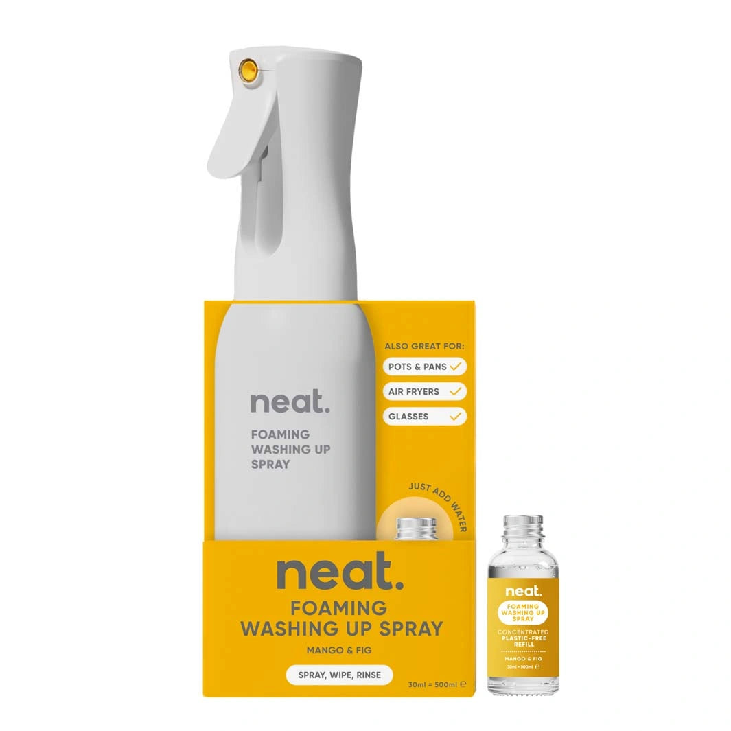 Neat Foaming Washing Up Spray Starter Pack with a white aluminium spray bottle and a 30ml dish soap refill in a glass bottle. 