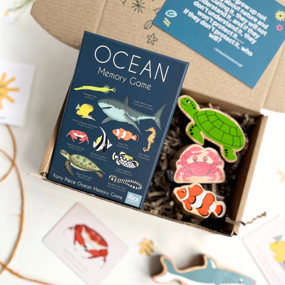 ocean themed memory game with ocean creatures wooden play figures in  a  kraft gift box on a white background