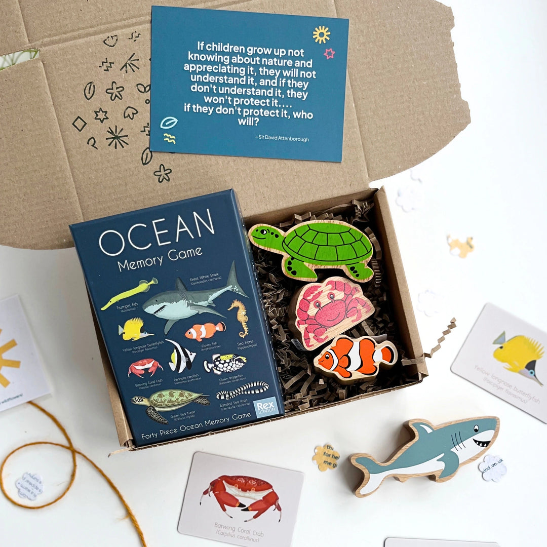 ocean memory game and wooden ocean play figures in a gift box on a white background