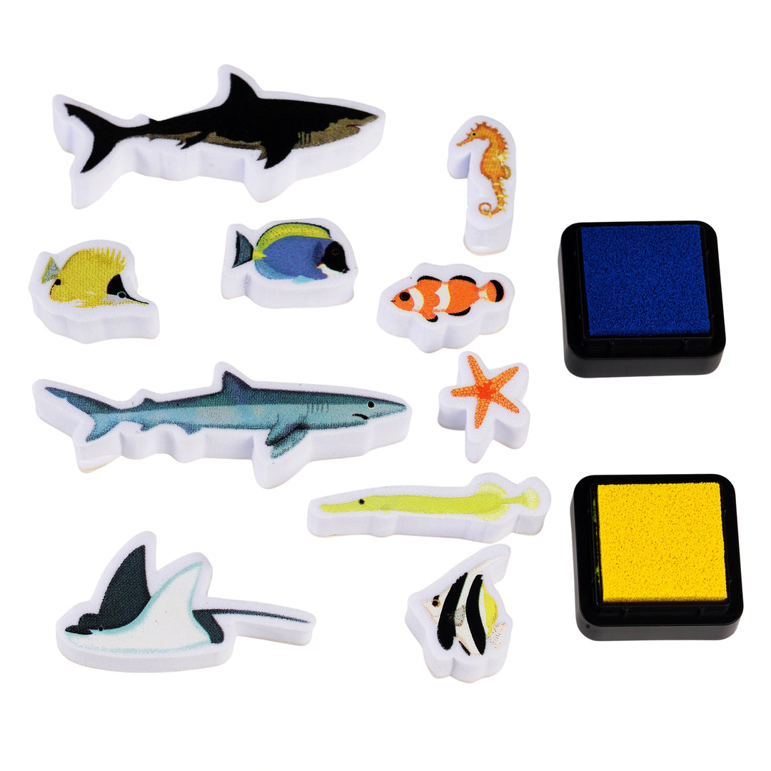 Set of colourful ocean animal-shaped stamps on a white background