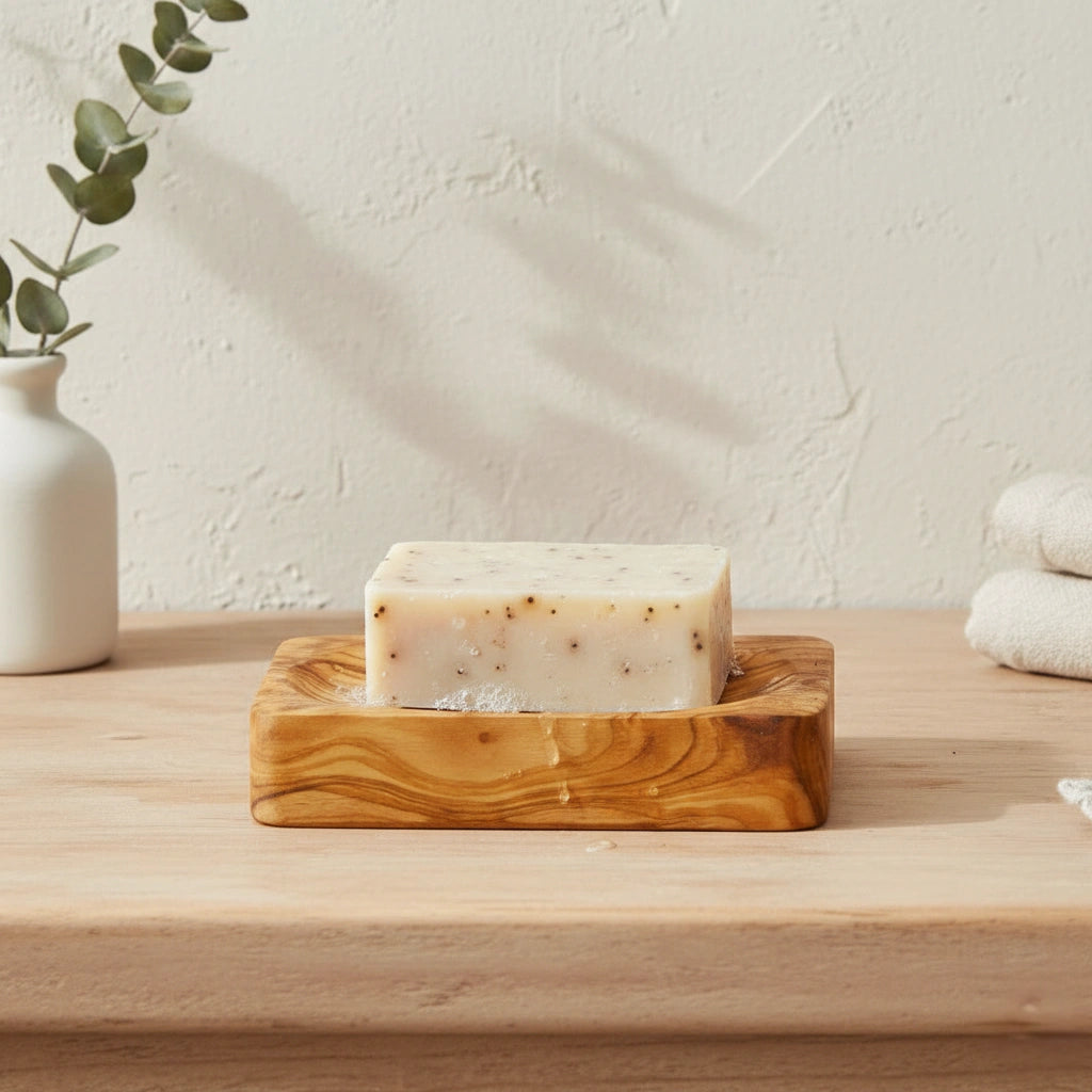 Bar of soap on a wooden soap dish with a white vase and greenery in the background.