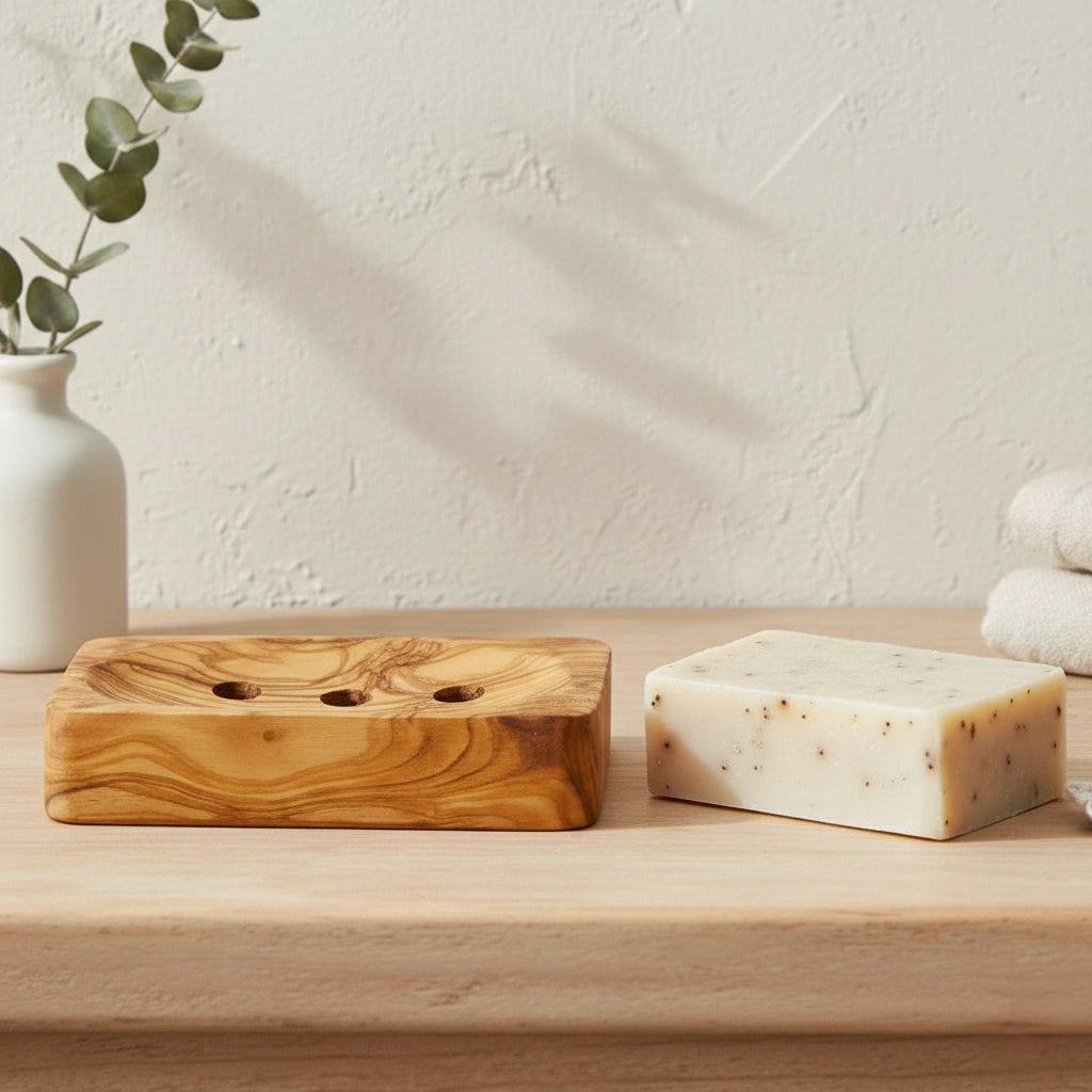 Wooden soap dish with a bar of soap on a wooden surface with a white wall and plant in the background.