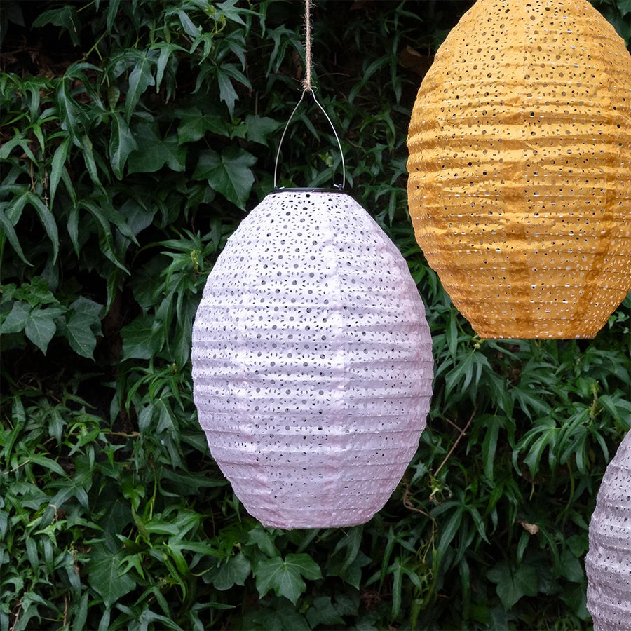 Two hanging lanterns, one soft pink and one yellow, against a green leafy background.
