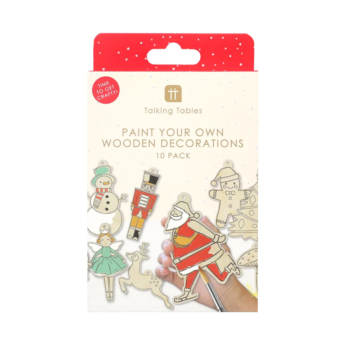 Packaging of 'Paint Your Own Wooden Decorations' by Talking Tables with Christmas-themed wooden cutouts.