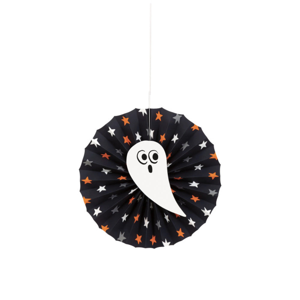 black round fan shaped hanging decoration with orange and white start and a cute ghost in the centre.