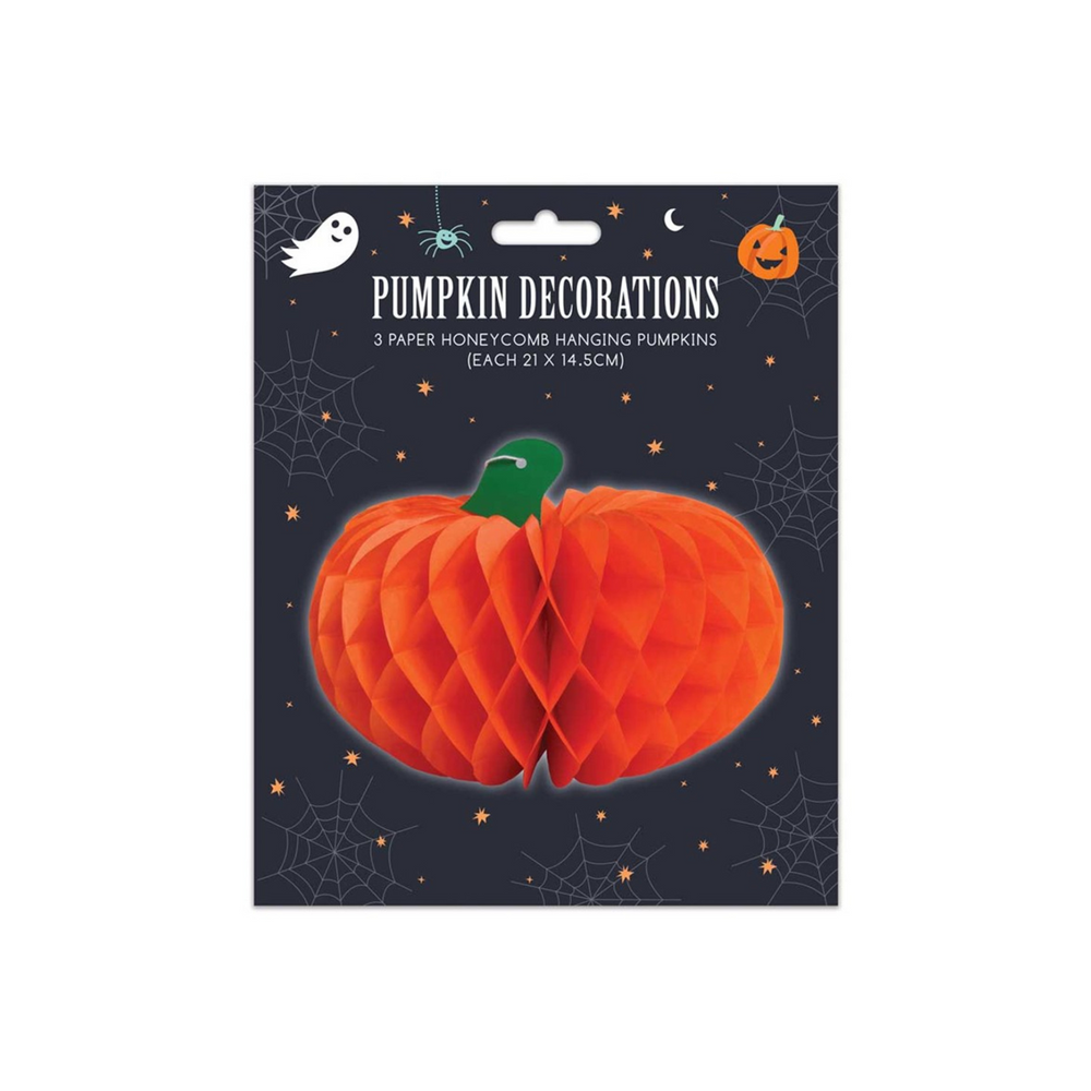 three paper pumpkin decorations made with honeycomb paper in plastic free card sleeve. 