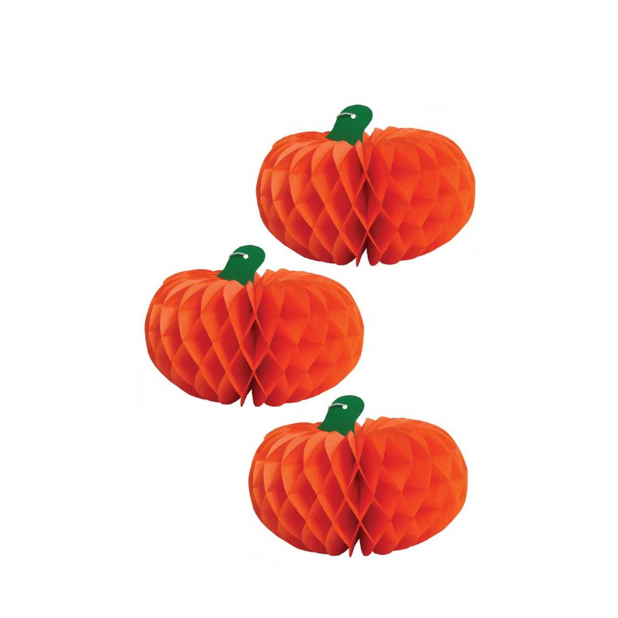 three paper pumpkin decorations made with honeycomb paper. For Halloween and autumn decor. 