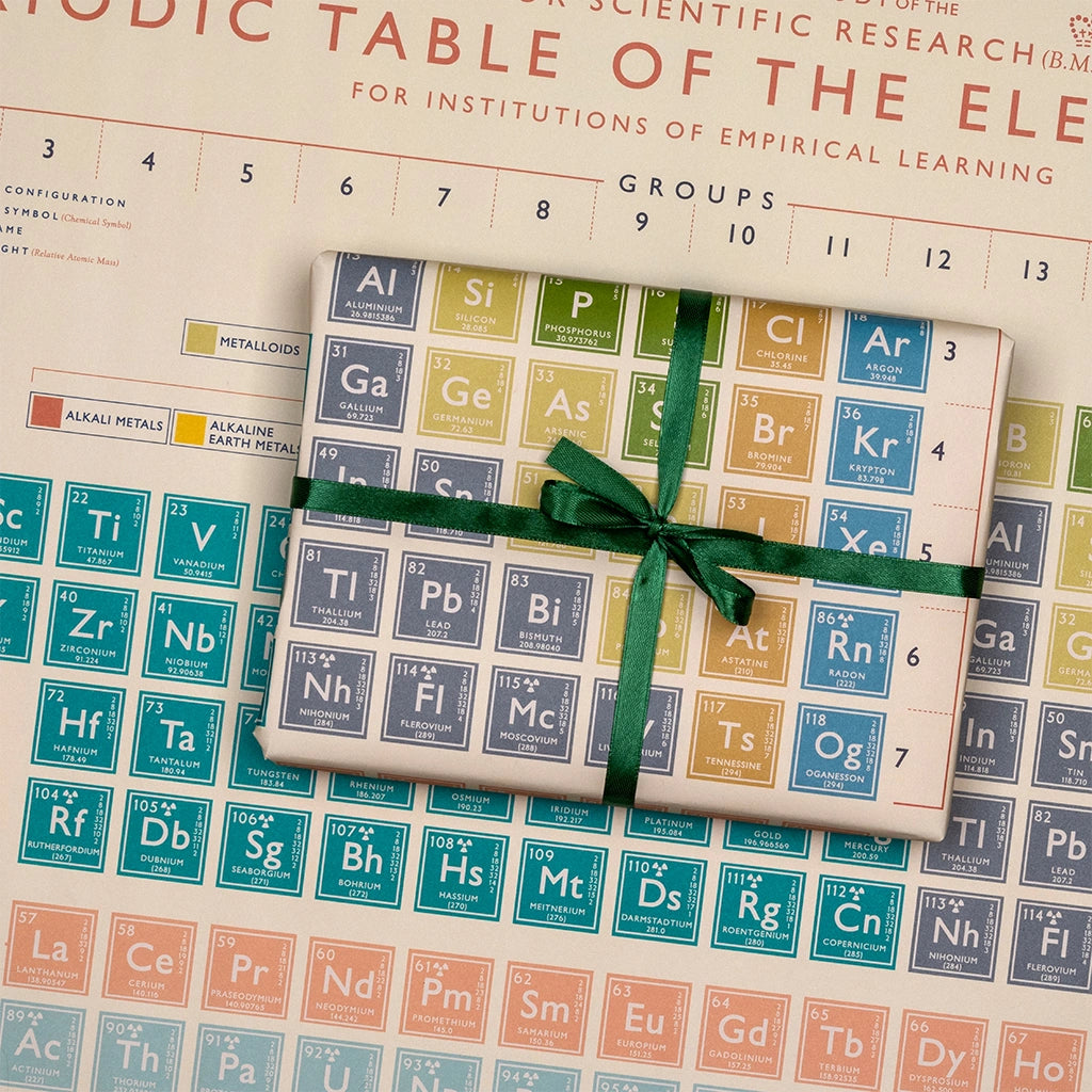 Gift wrapped in a periodic table-themed paper on a matching background