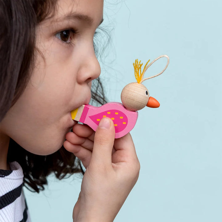 Child holding a colourful bird-shaped toy whistle  to their mouth against a light blue background