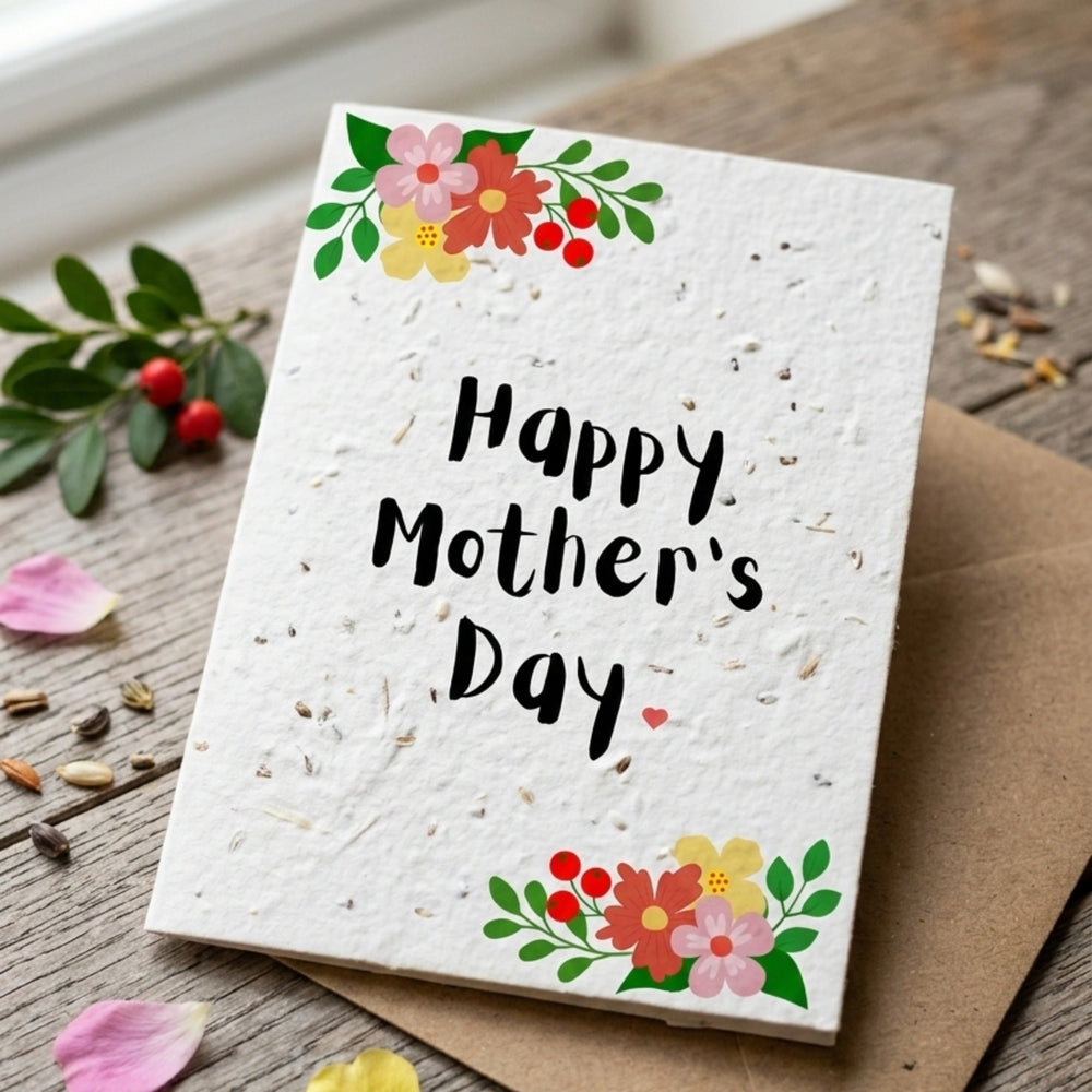 Mother's Day card with floral designs and 'Happy Mother's Day' text on a wooden surface.