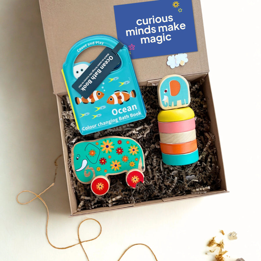 Colourful children's wooden toys and book in a gift box with 'curious minds make magic' gift card.
