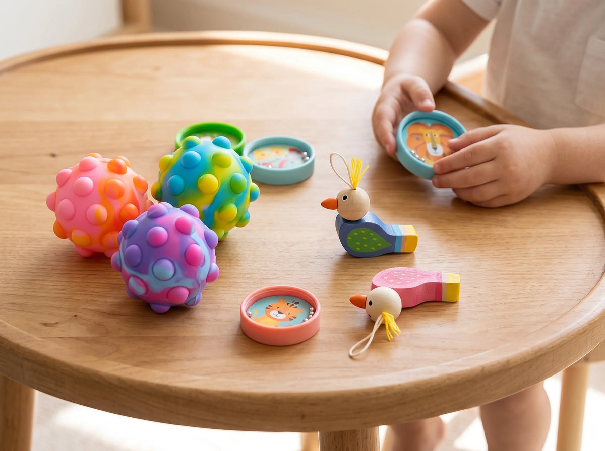 A child's hands and lower body are visible as they play with a colourful wooden toy set on a round light wood table. The toys include textured pink, blue, and purple balls, a small bird figure, and circular animal-themed puzzles.