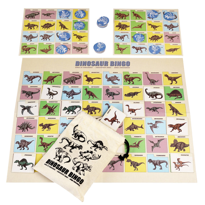 Dinosaur bingo game set with cards, markers, and a stamp on a white background