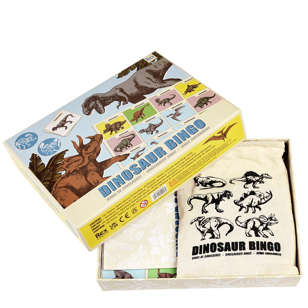 Dinosaur bingo game set with box, cards, and bags on a white background