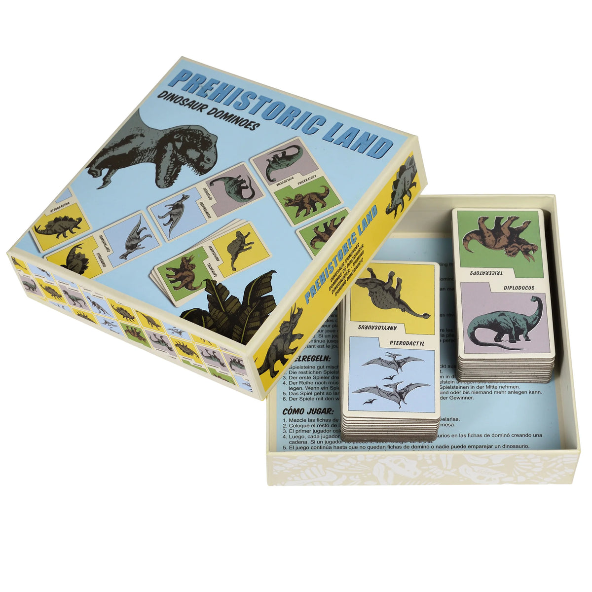 Prehistoric land dinosaur dominoes set with cards and box on a white background