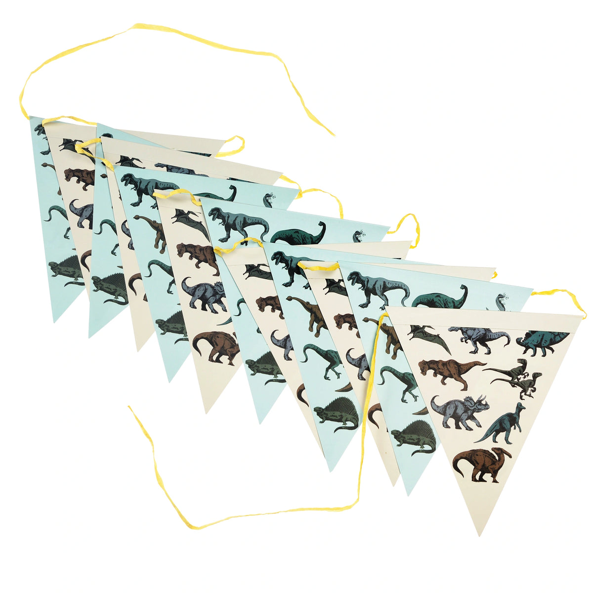 Prehistoric Land Dinosaur Party Bunting Featuring vintage style dinosaur illustrations on white and blue pennants