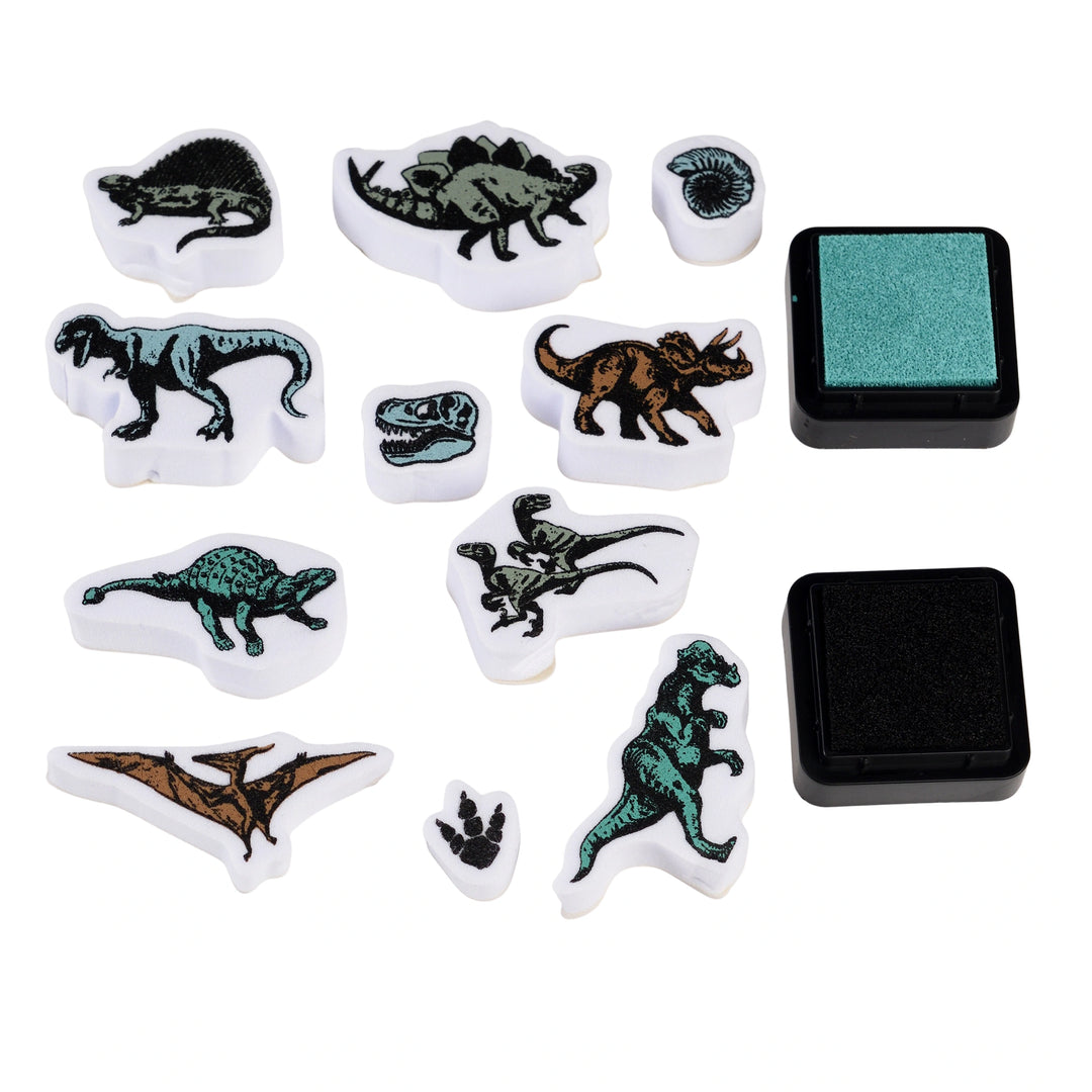 Dinosaur-shaped stamps with a ink pad on a white background