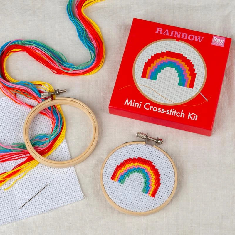 mini rainbow cross stitch craft kit in a red gift box. For kids age 6+