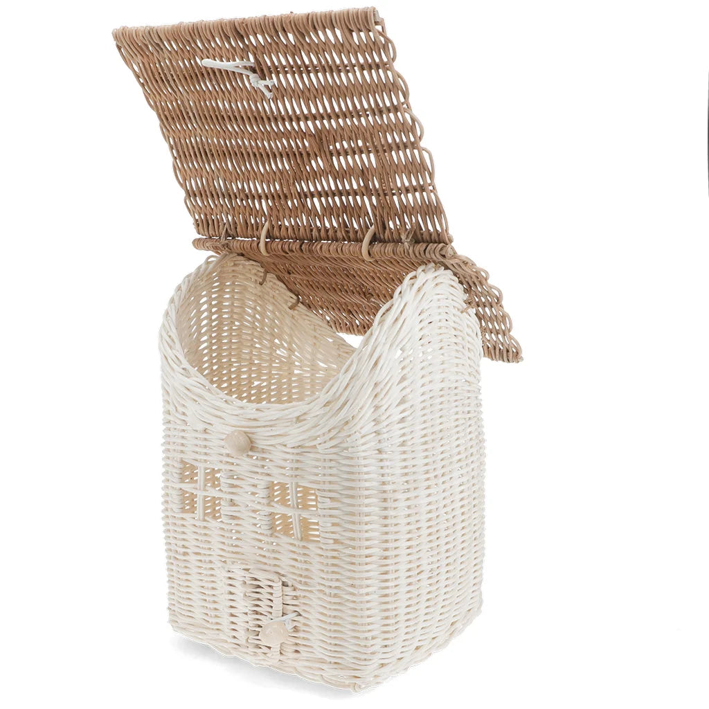 A woven wicker basket with a hinged lid, shown open against a plain white background. The basket has a natural light brown upper section and a cream-coloured lower body.