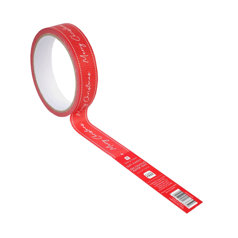 Red Merry Christmas paper tape with white text on a white background
