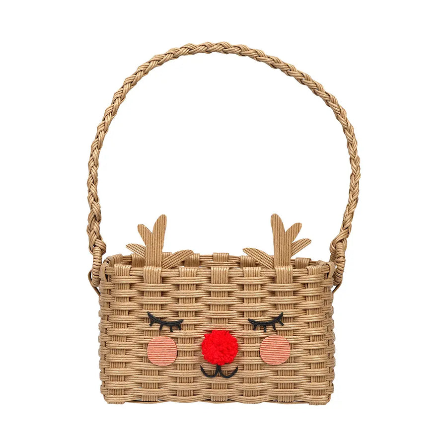 Woven basket with a reindeer face design on a white background