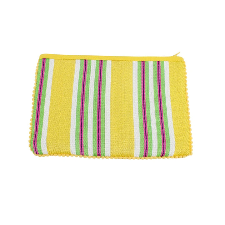 Respiin Recycled Woven Pom Pom Pouch in yellow with pink, green and white stripes and a yellow zip