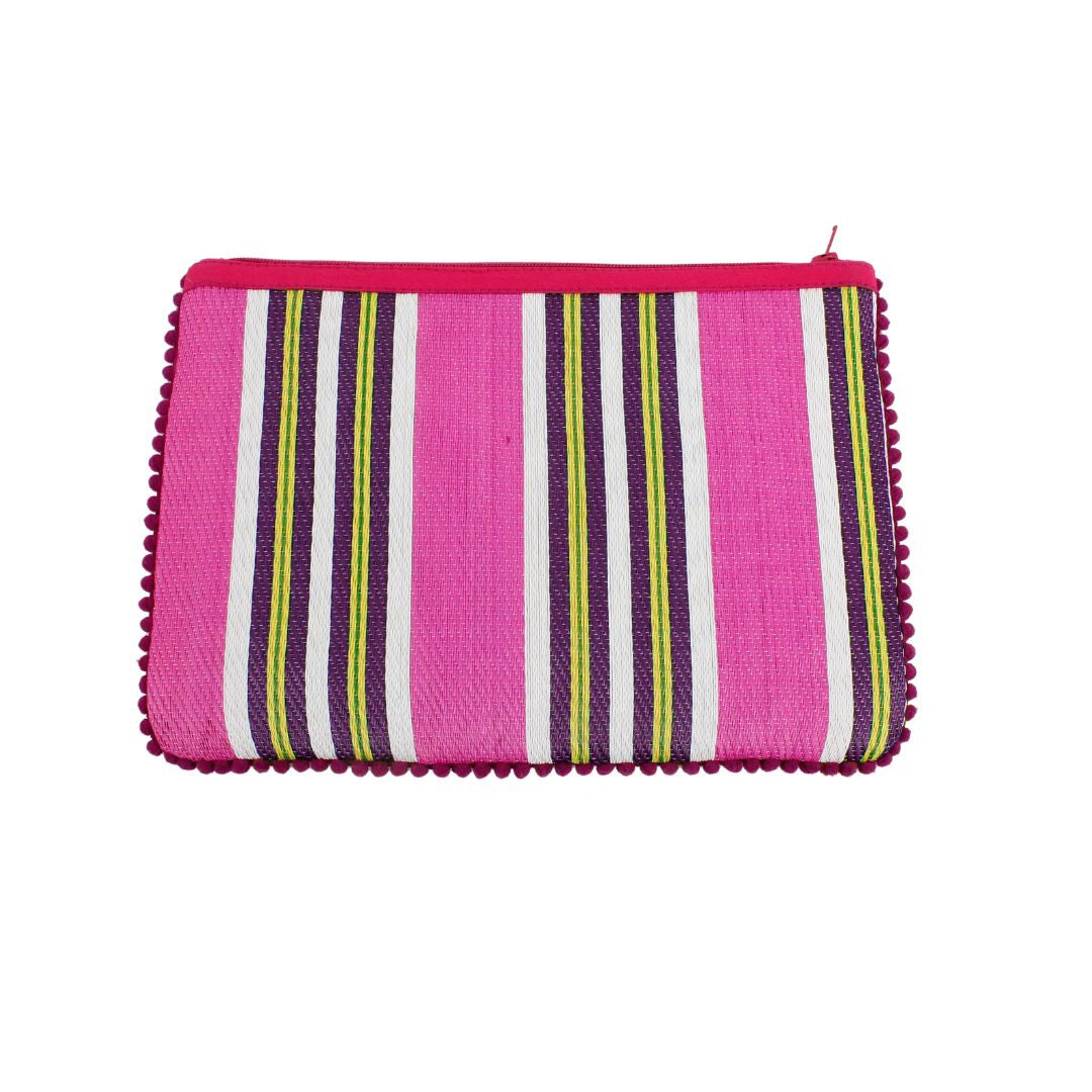 Respiin Recycled Woven Pom Pom Pouch in bright fuchsia pink with purple, yellow and white stripes and a pink pom pom trim. 