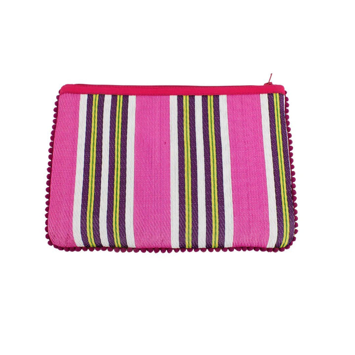 Respiin Recycled Woven Pom Pom Pouch in bright fuchsia pink with purple, yellow and white stripes and a pink pom pom trim. 