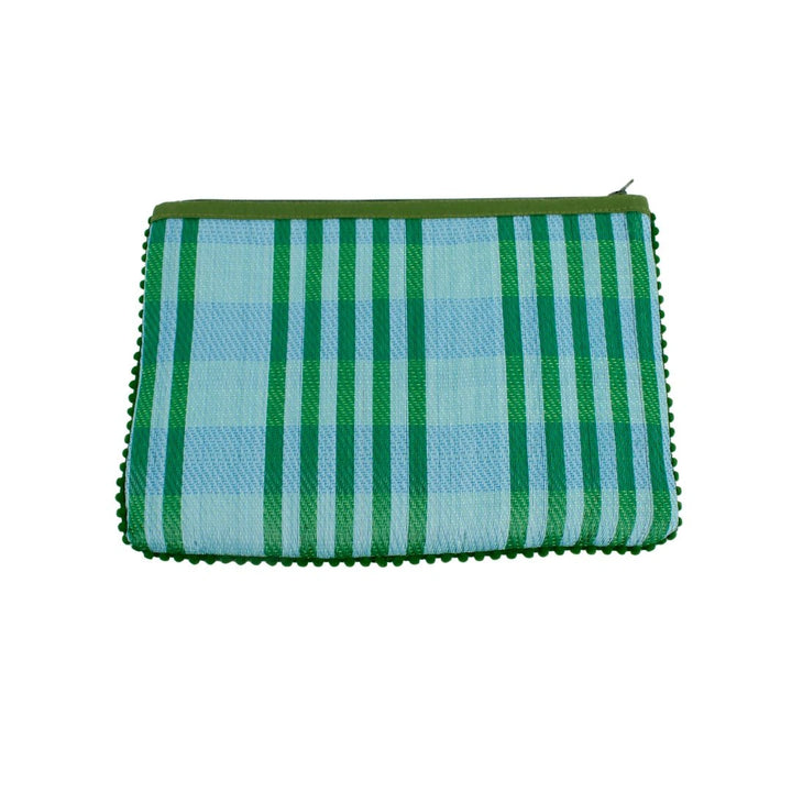 Respiin Recycled Woven Pom Pom Pouch in a blue and green checked design.