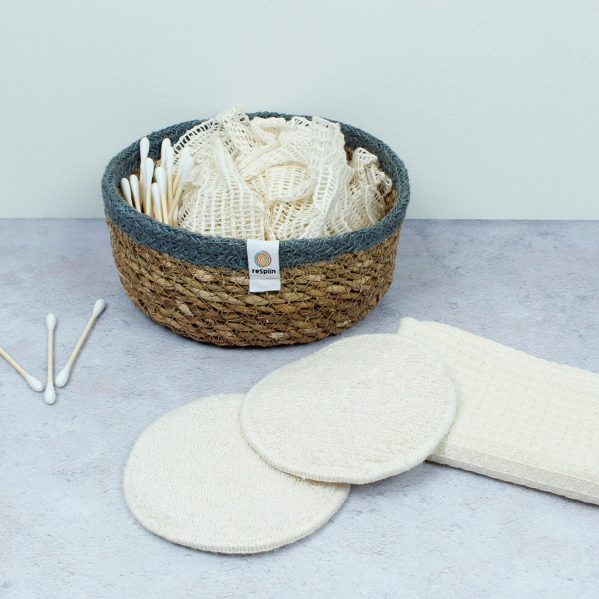 Respiin Homeware > Storage > Storage Baskets Shallow Seagrass  + Jute  Basket - Small Grey