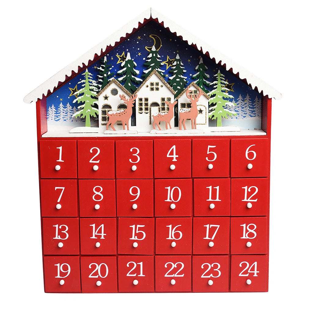 Red advent calendar with Christmas scene and numbered boxes on a white background