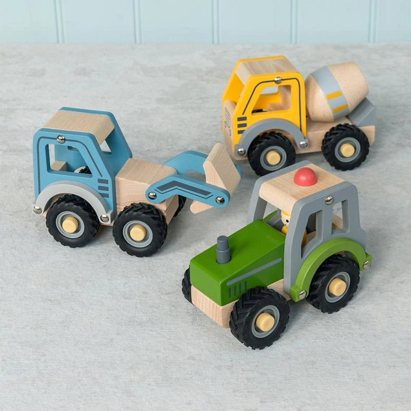 Blue Wooden Digger, green wooden tractor and yellow cement mixer Push Along Vehicles with rubber tyres.  For children aged 12 months and over. 