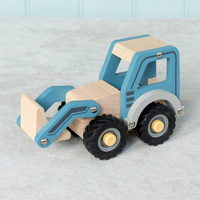 Blue Wooden Digger Push Along Vehicle with rubber tyres and a movable arm.  For children aged 12 months and over.