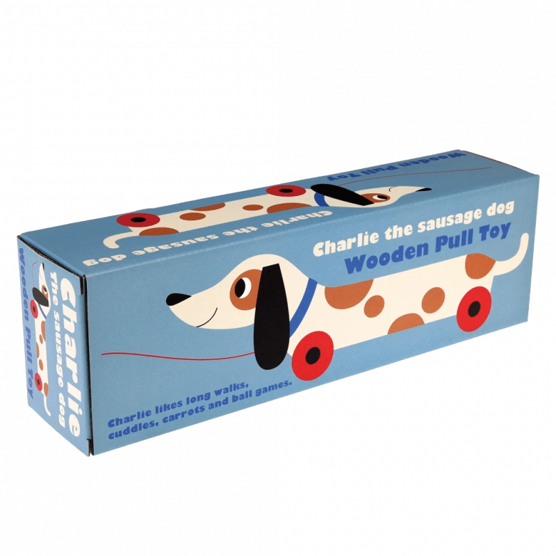 Blue retro style gift box for Charlie the Sausage dog wooden pull toy . For children over 3 years