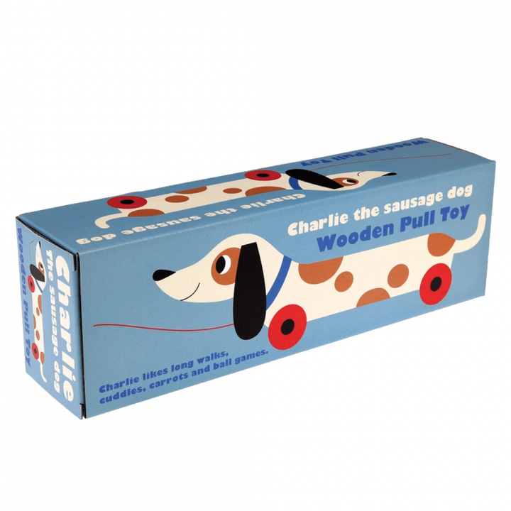 Blue retro style gift box for Charlie the Sausage dog wooden pull toy . For children over 3 years