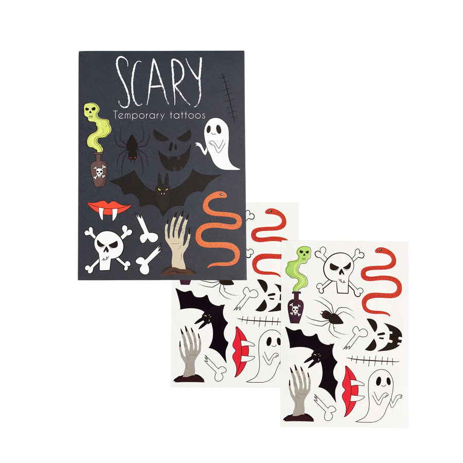 Halloween-themed temporary tattoosfor children featuring ghosts, snakes, bats and bugs. The packaging has'Scary' text on a black card.