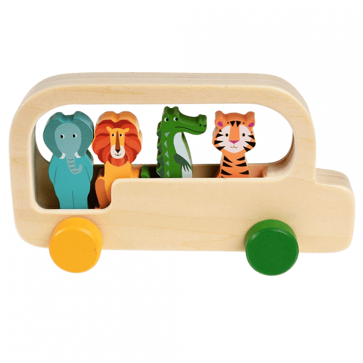 wooden push along bus with four painted animal characters - tiger, crocodile, lion and elephant. The  bus is made from natural wood with four differently coloured wheels. For children aged 12 months and over. 