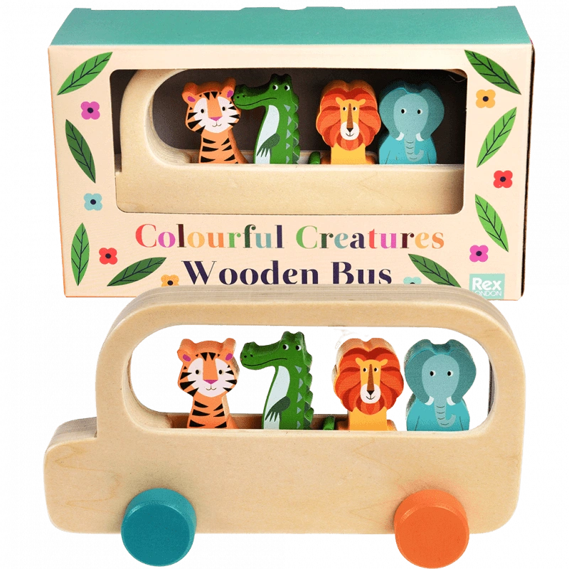 wooden push along bus with four animal characters - tiger, crocodile, lion and elephant in a gift box. The characters slot in and out of the bus which is made from natural wood with orange and blue wheels. For kids aged 12 months and over. 