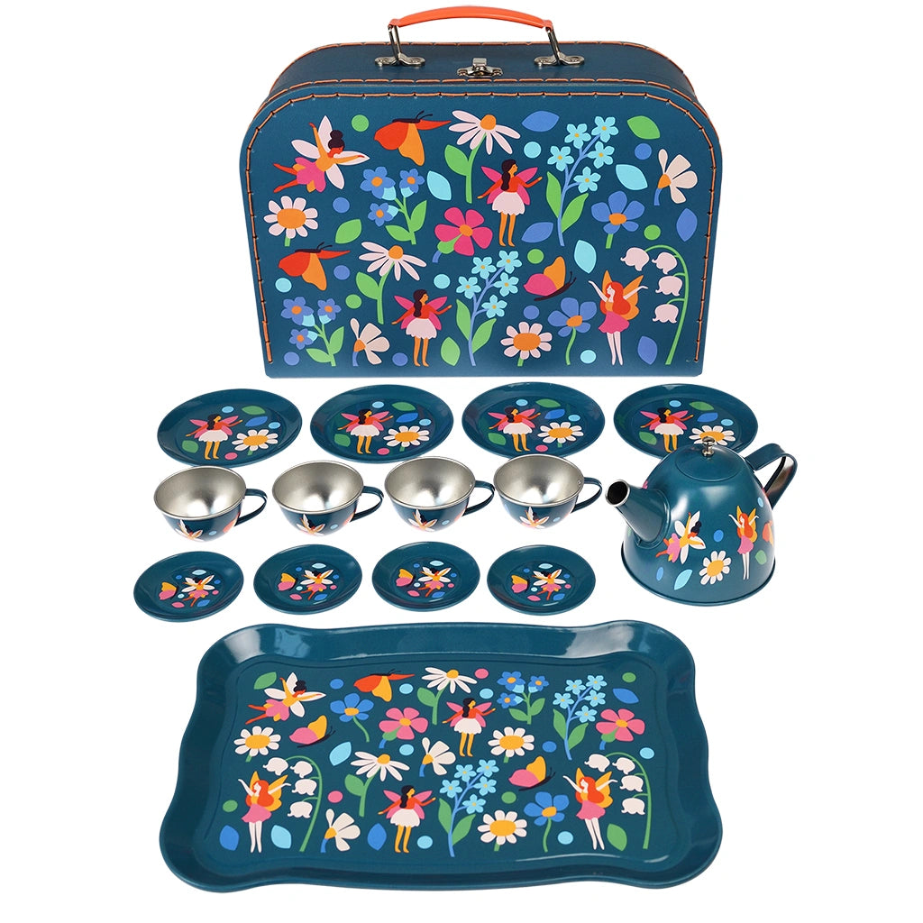  Rex London Wild Fairies in the Garden Tea Party Set with enamel cups, tea pot, saucers, plates and a tray in a dark blue case with fairies and flowers design. 