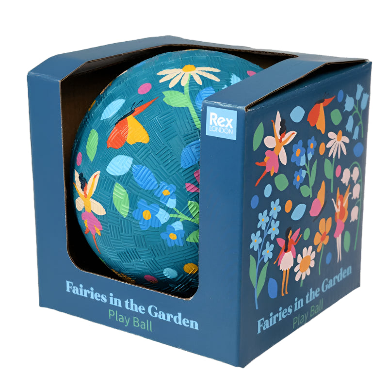 blue rubber play ball with a fairies and flower print in a floral gift box. Perfect toddler gift. 