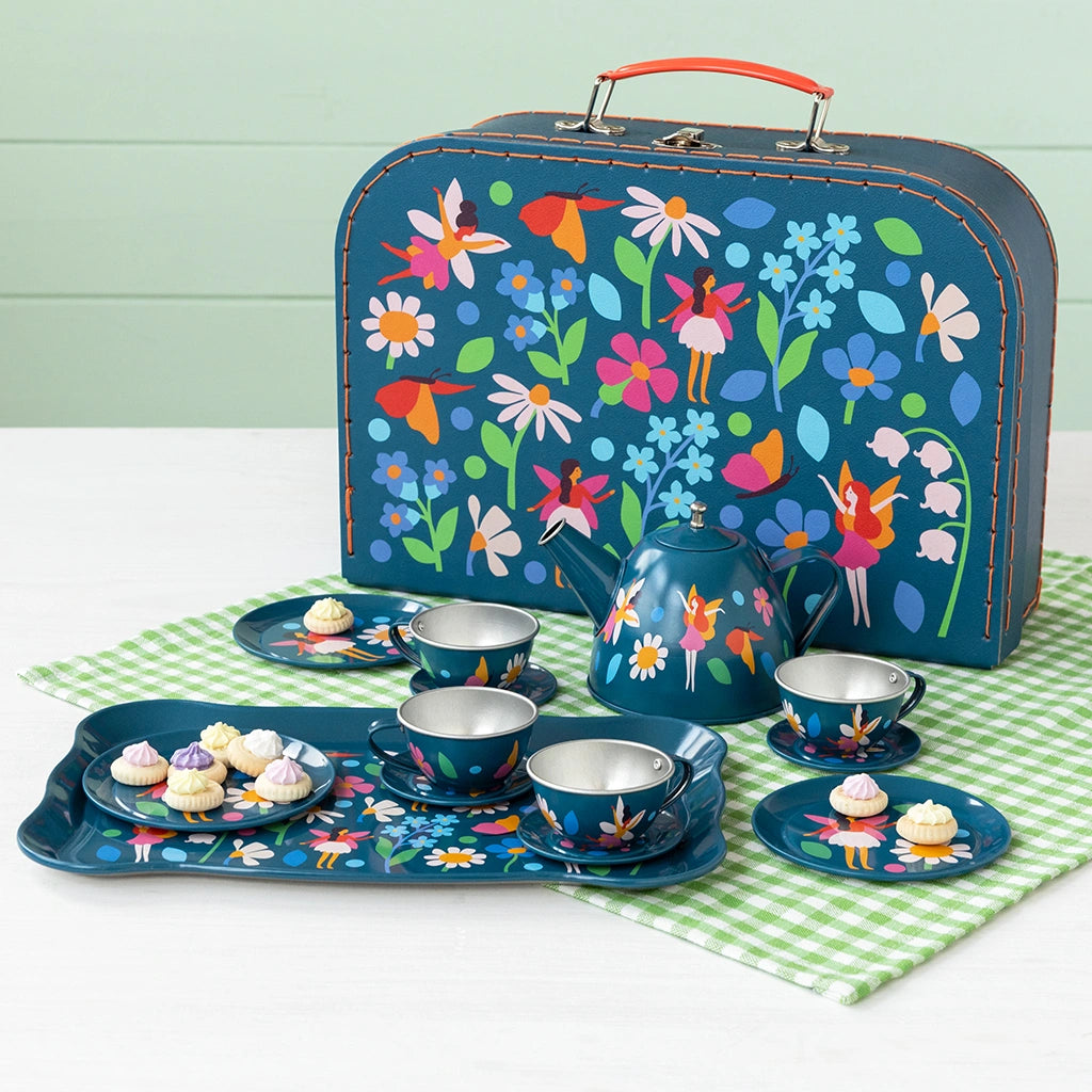Rex London Wild Fairies in the Garden Tea Party Set with fairies and flowers design. Includes enamel cups, tea pot, saucers, plates and a tray in a storage case. 