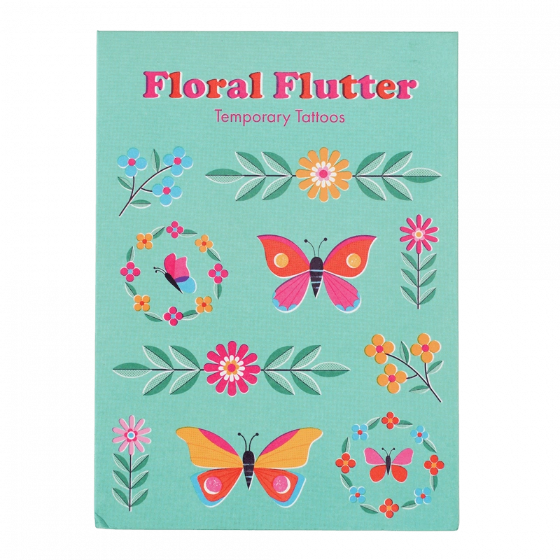 children's temporary tattoos with flowers and butterflies in a turquoise card sleeve
