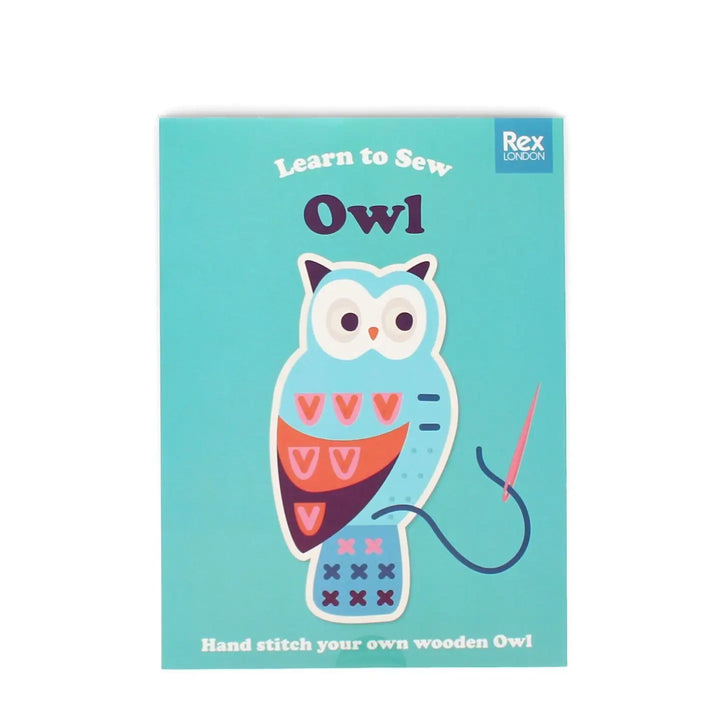 Learn to sew owl craft kit packaging with an owl illustration and text 'Learn to Sew Owl' on a teal background