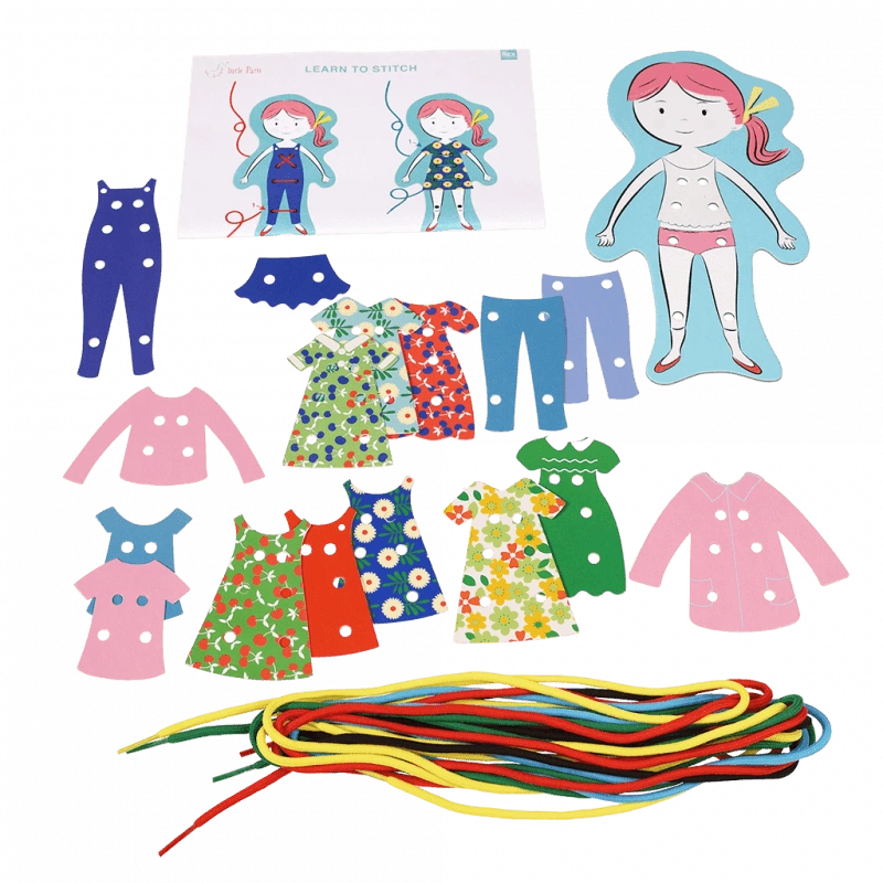 dress up dolly learn to stitch activity kit for kids age 3 and over. The kit comes with a cardboard doll, pieces of retro clothing and cords to stitch on the outfits. 