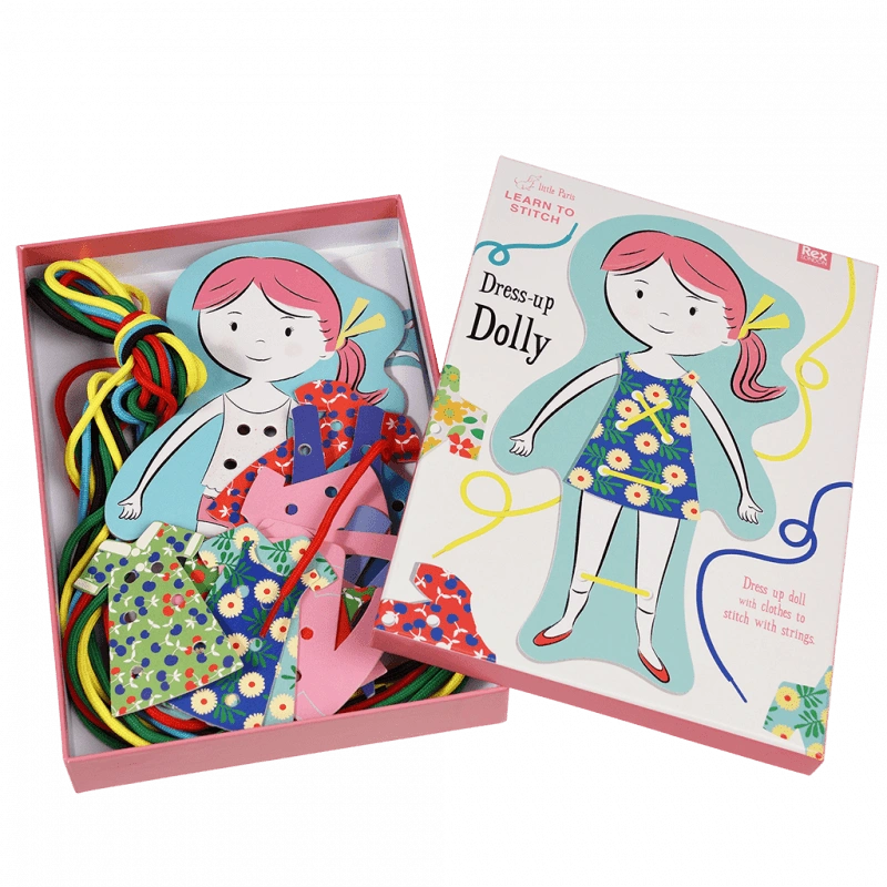 dress up dolly learn to stitch activity kit for kids age 3 and over. The kit comes with a cardboard doll, pieces of retro clothing and cords to stitch on the outfits. 