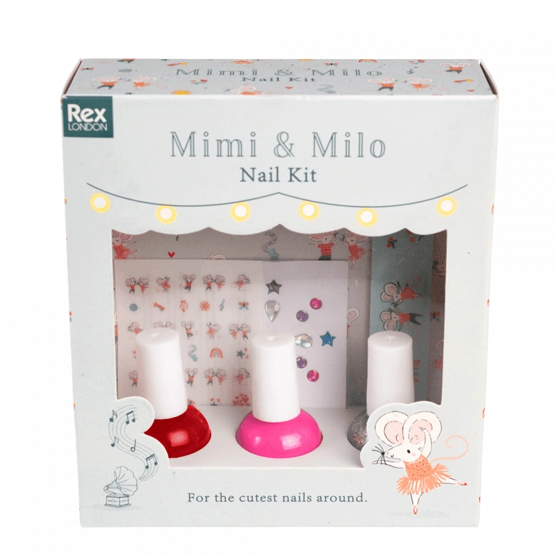 mimi and milo pastel nail kit for children. The box includes three colours of peel off nail polish - red, pink, silver glitter plus pastel nail tattoos, gems and an emery board. 