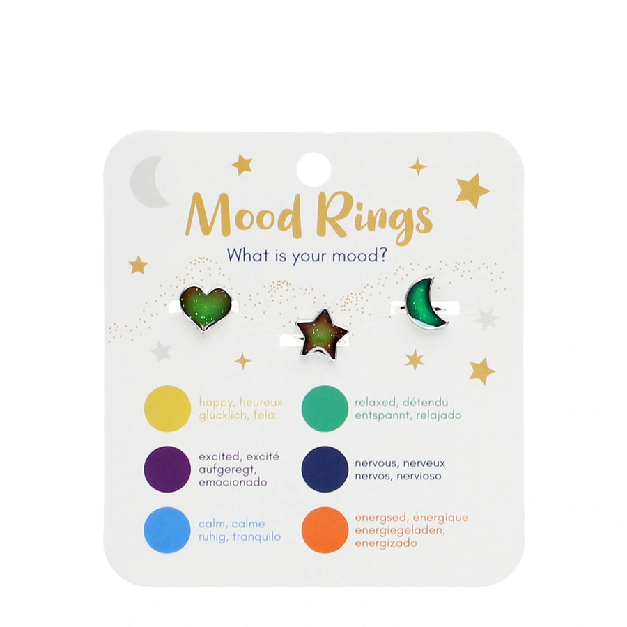 a set of three children's mood rings in star, heart and moon shapes. The rings are on a white backing card with a colour coded key to help match colours to moods. 