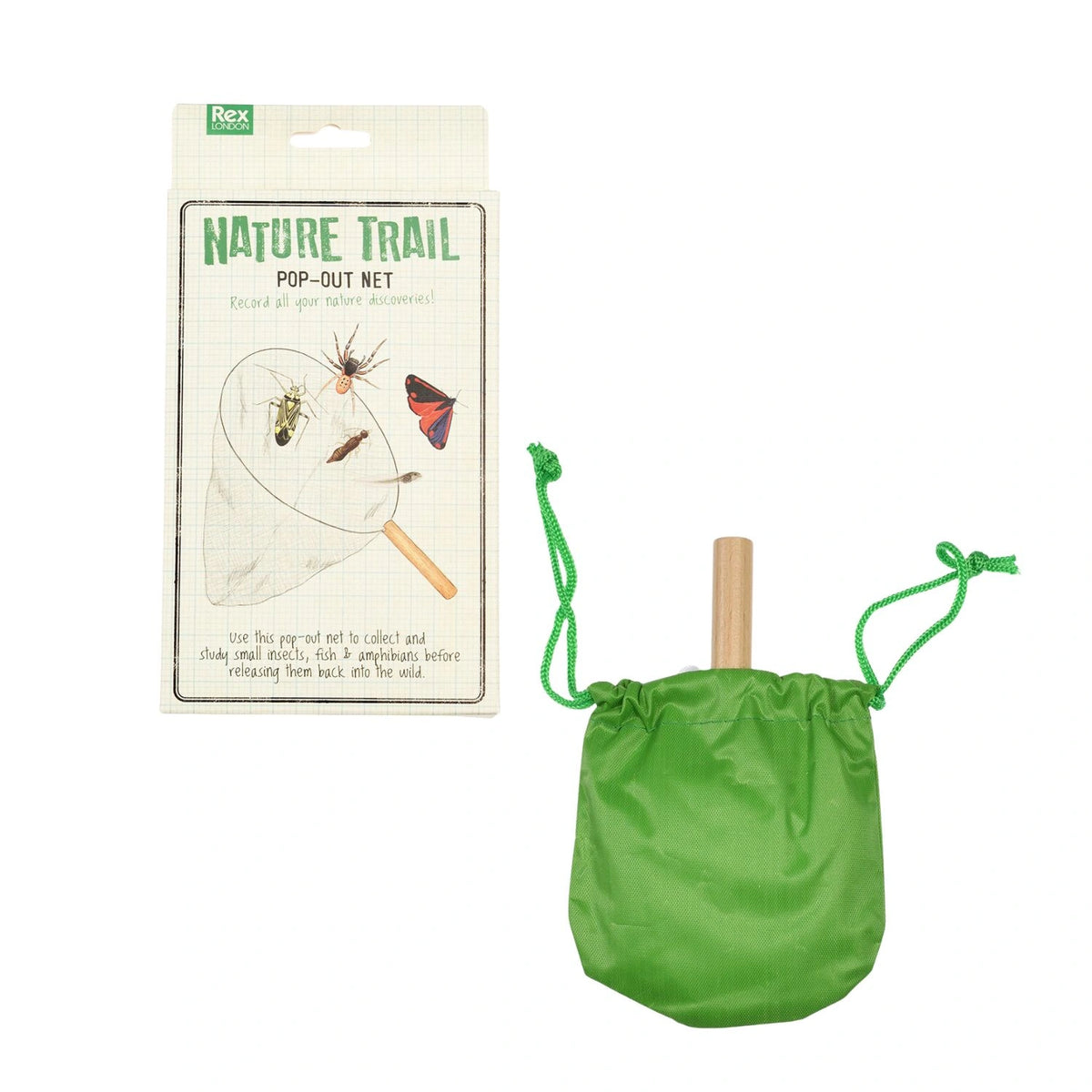 Rex London Nature Trail Pop Out Net with green storage bag and gift box.