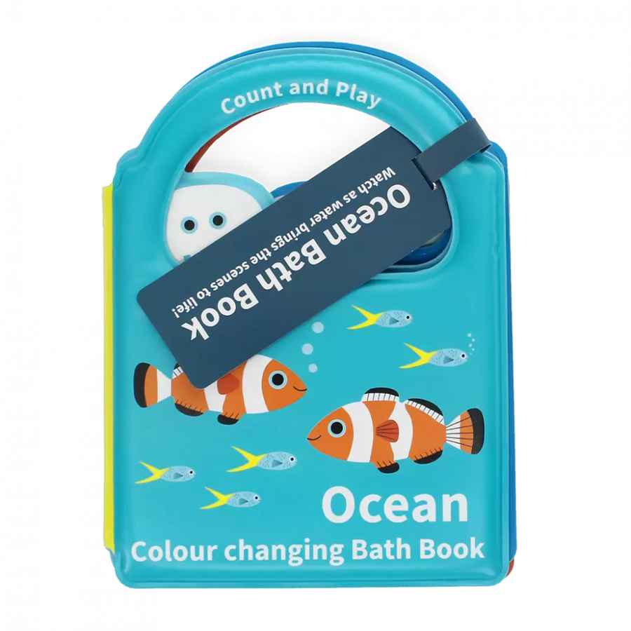 ocean themed, blue, waterproof colour changing bath book with a carry handle. Suitable from birth. 